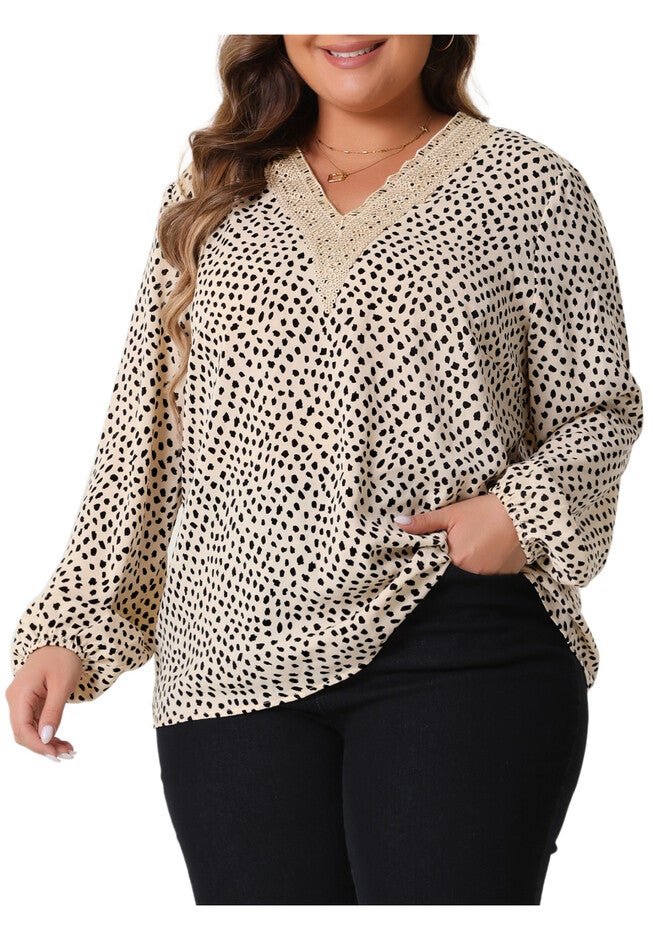 Lace Trim V Neck Long Sleeve Leopard Chiffon Blouses Top, Khaki / Brown, alternate image number 1