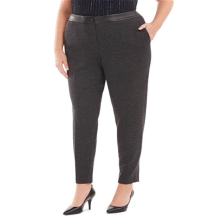 Calvin Klein Women's Faux Leather Waist Slim Leg Pants Gray 14W, Gray / Cool Gray, hi-res image number 0