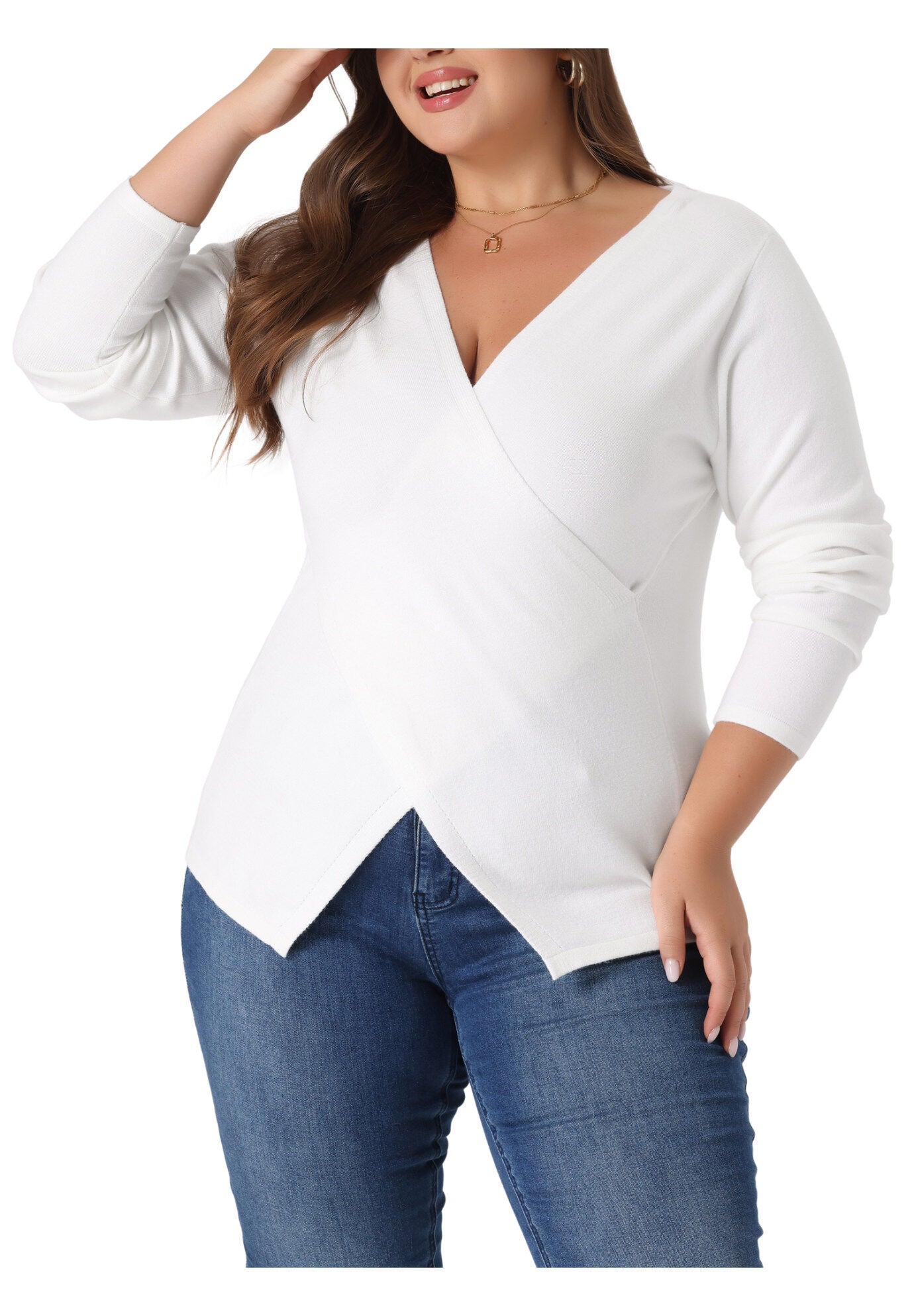 Wrap V Neck Criss Cross Asymmetrical Knit Top, White / White, alternate image number 1