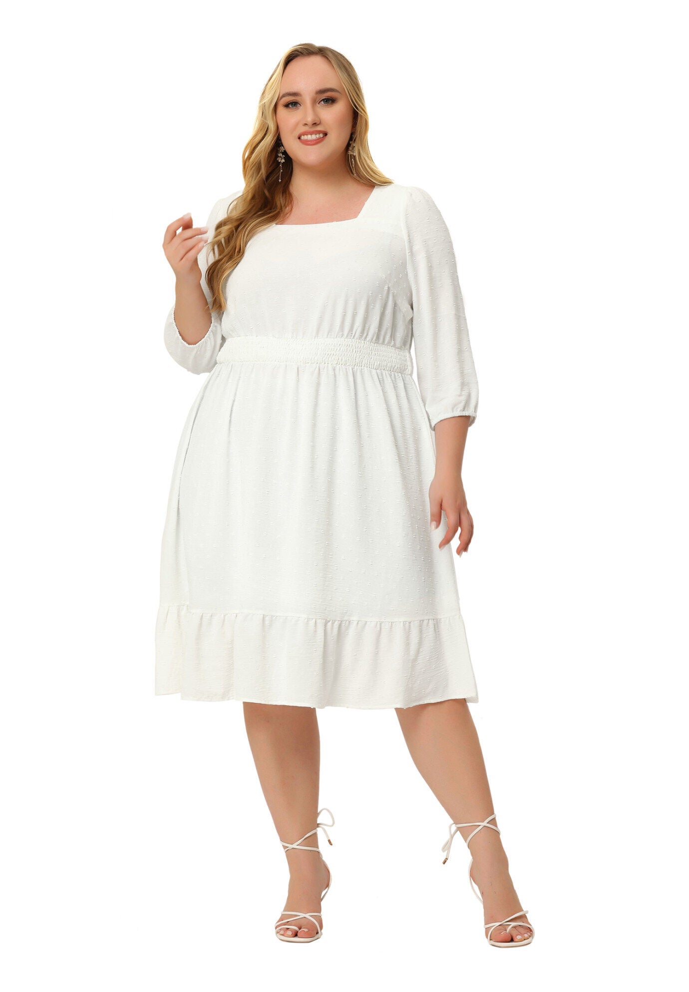 Swiss Dots Bohemian Square Neck Midi Chiffon Dress, White / White, hi-res image number 0