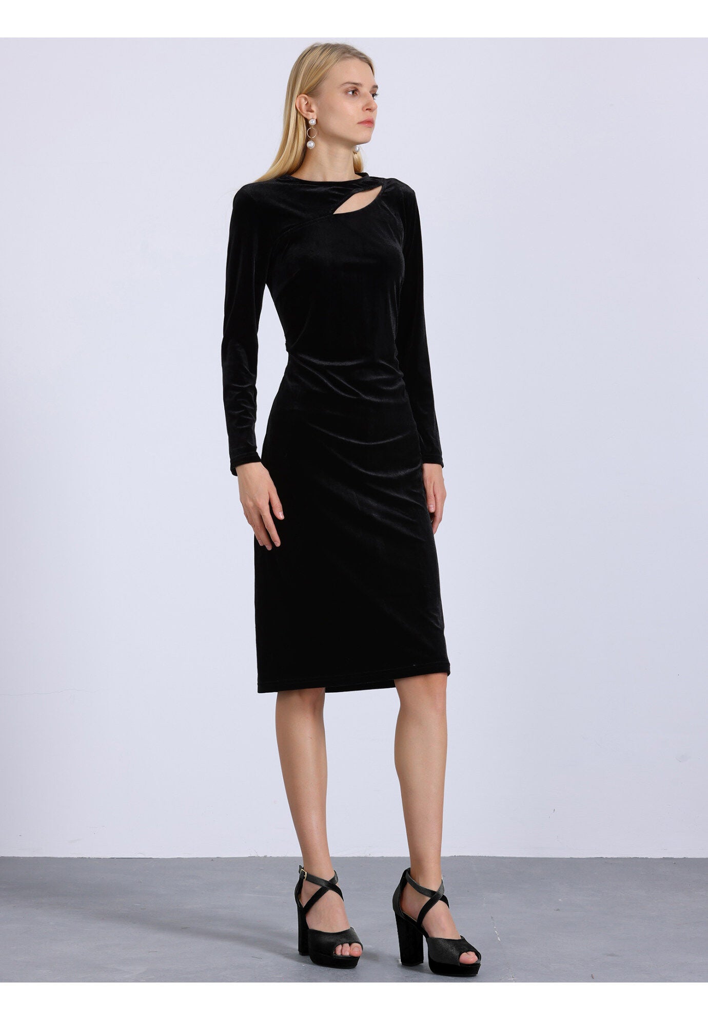 Peep Toe Pumps Velvet Block Heel Platform Sandals, Black / Black, alternate image number 1