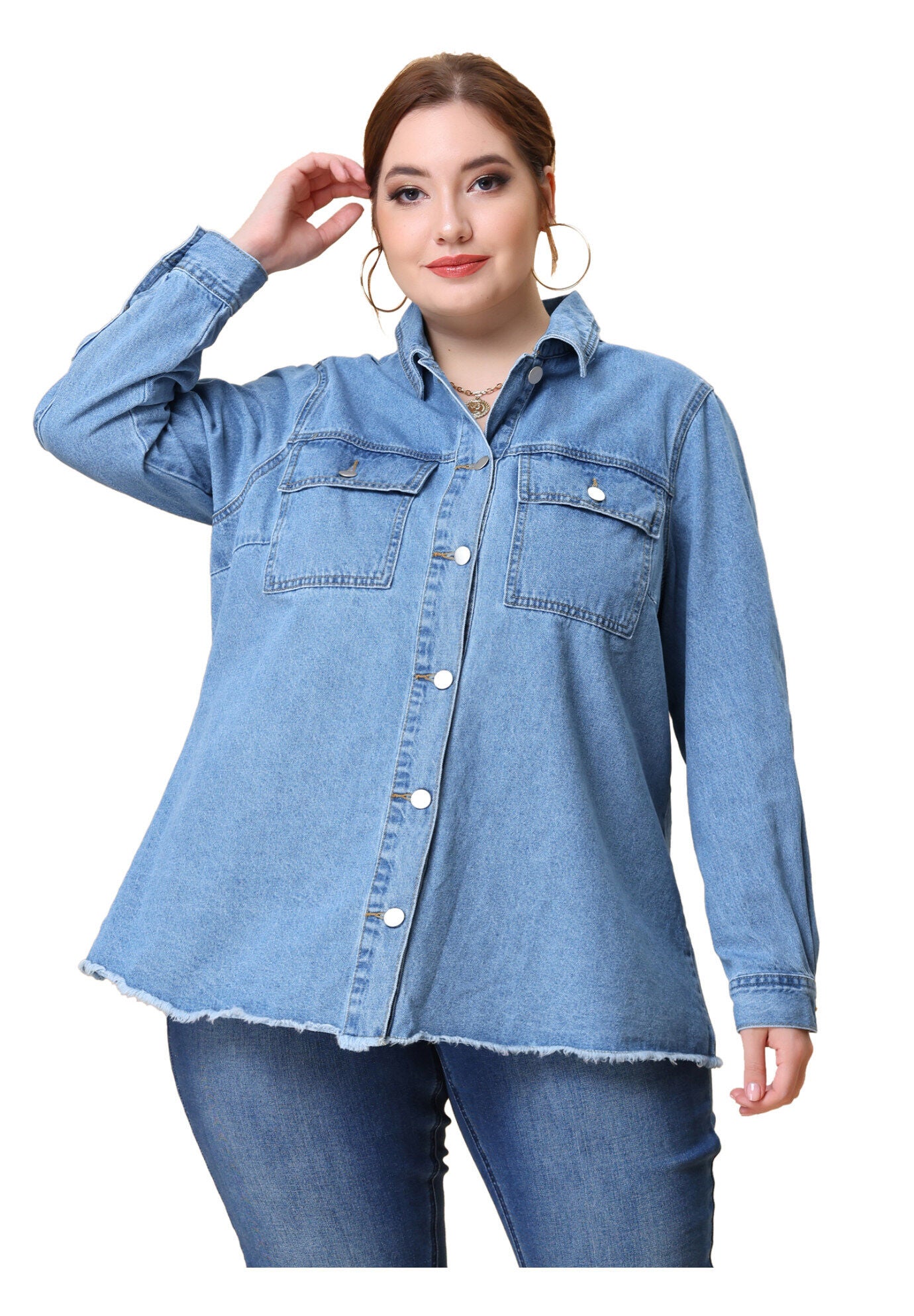 WASHED FRAYED HEM JEAN DENIM SHIRT JACKET | Dia & Co