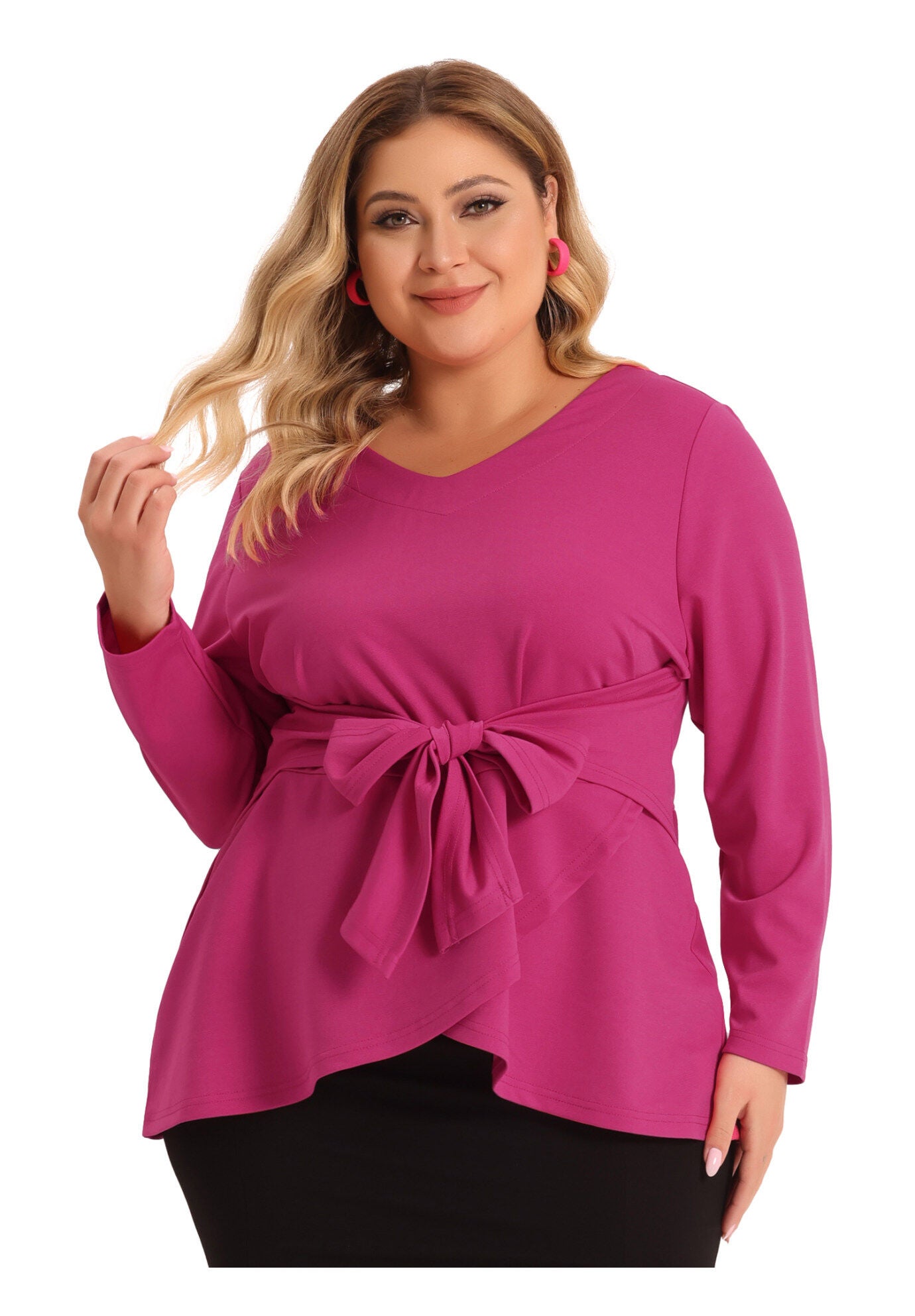 V Neck Knit Belted Knot Tie Work Top Blouse, Hot Pink / Deep Fuchsia, alternate image number 2