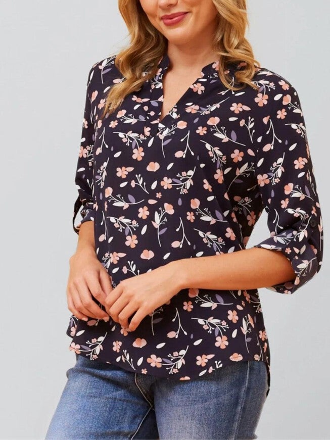 Sherine Blouse Floral Print V Neck Navy, Navy / Navy, alternate image number 2
