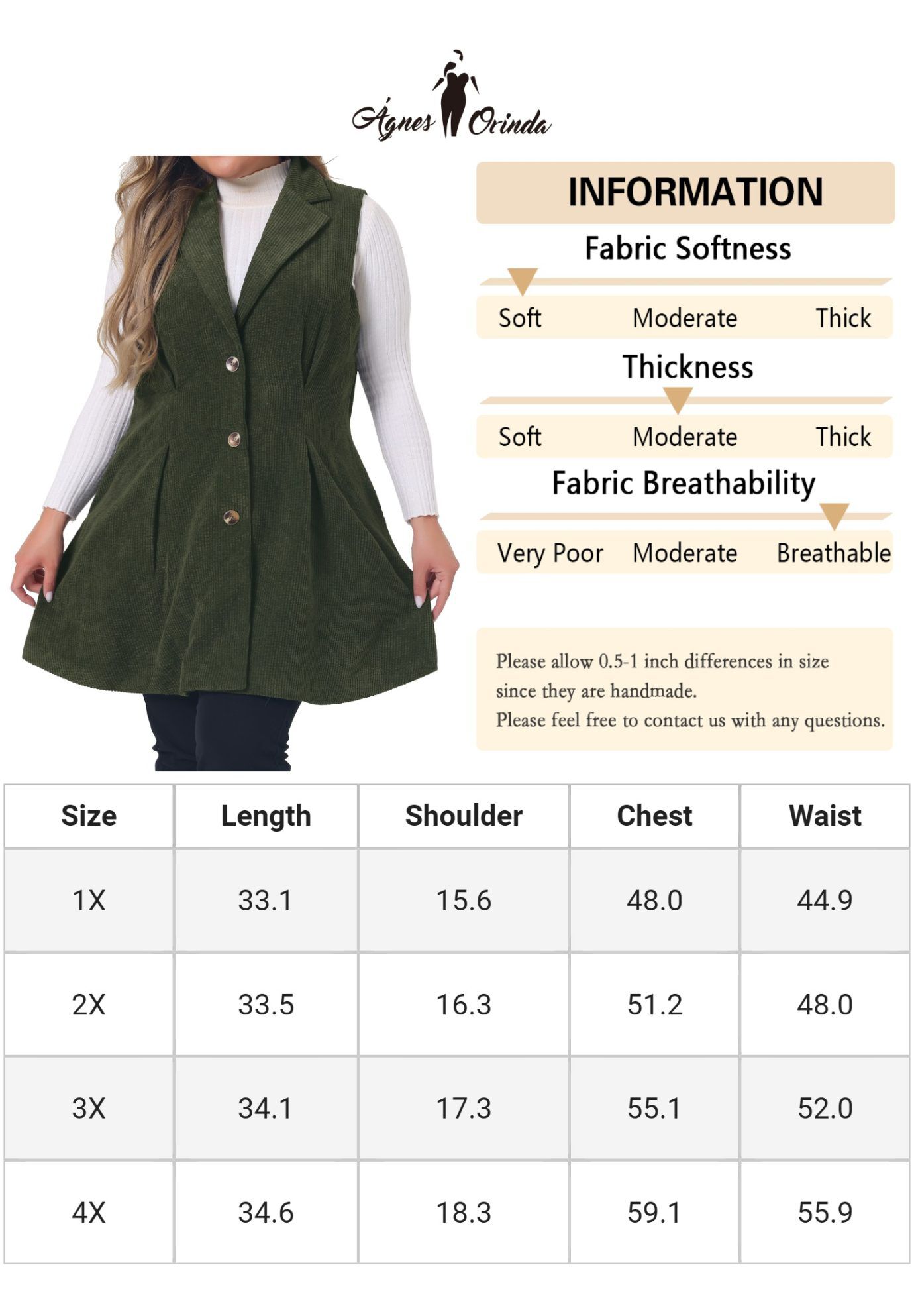 CORDUROY SINGLE BREASTED SLEEVELESS VEST JACKET, Army Green / Sage Green, alternate image number 3