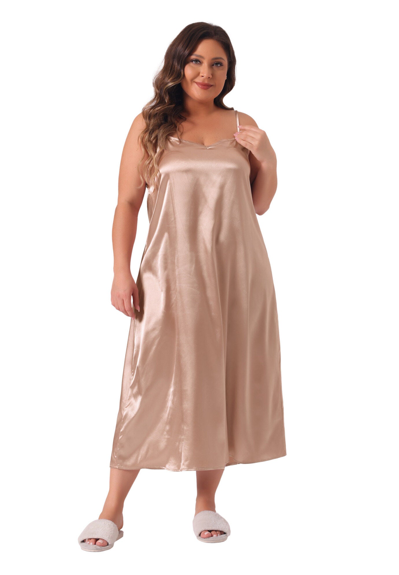 V Neck Satin Pajamas Sleeveless Cami Slip Dress, Champagne / Gold, hi-res image number 0