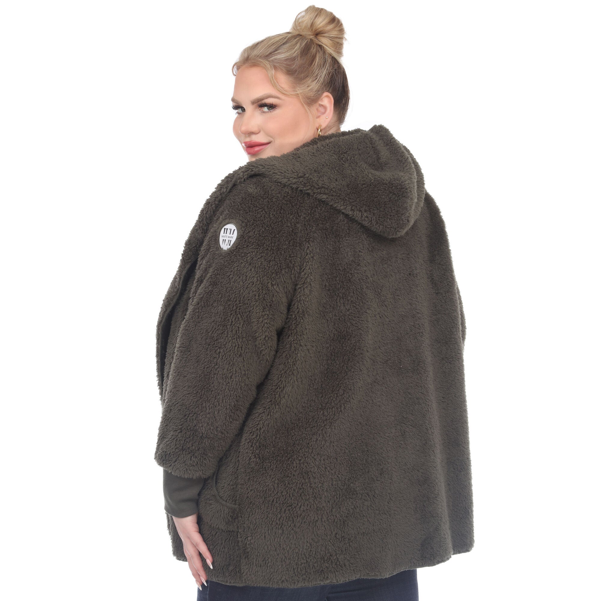 Plush Hooded Cardigan with Pockets, Army Green / Olive Green, alternate image number 2