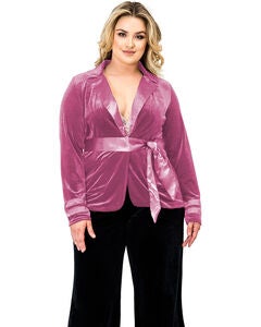 Plus Size Lottie Stretch Velvet Wrap Smoking Jacket With Satin Lapel And Satinbelt