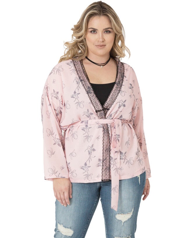 Plus Size Irna Floral Print Belted Kimono Cardigan Cover Up, Pink / Pink, hi-res image number 0