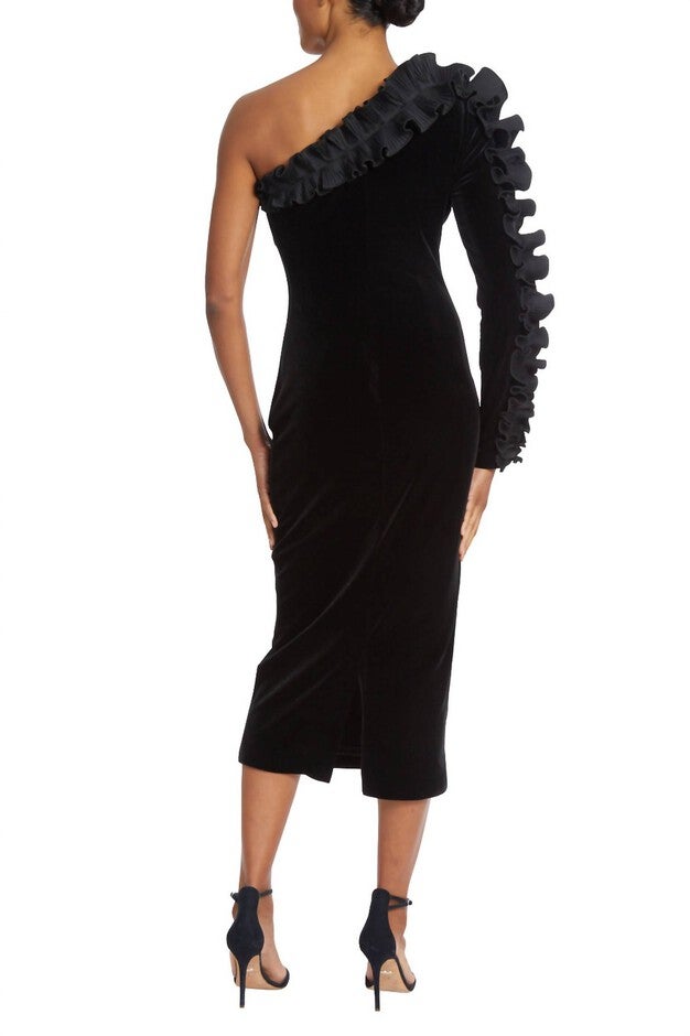 80'S PLEATED RUFFLE VELVET DRESS, Black / Black, alternate image number 2
