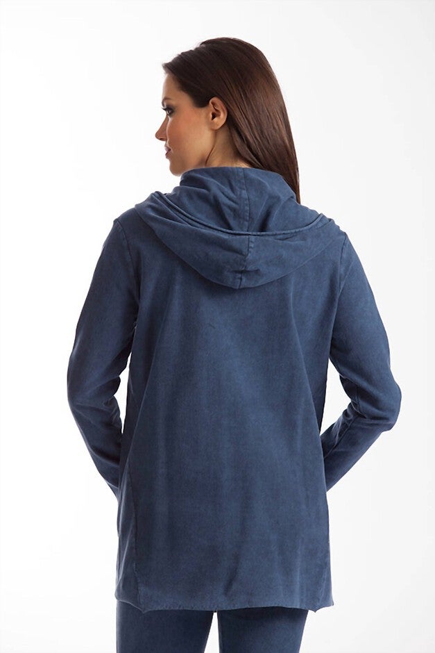 MONICA HOODED DRAPED CARDIGAN IN DENIM, , alternate image number null