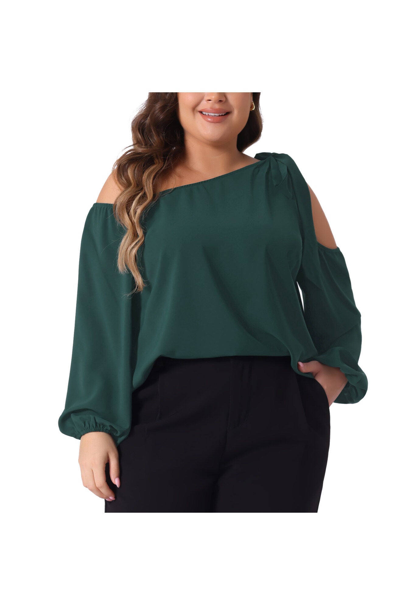 Cold Shoulder Tie Long Sleeve Blouse T-Shirt Tee Top, Dark Green / Forest Green, alternate image number 2