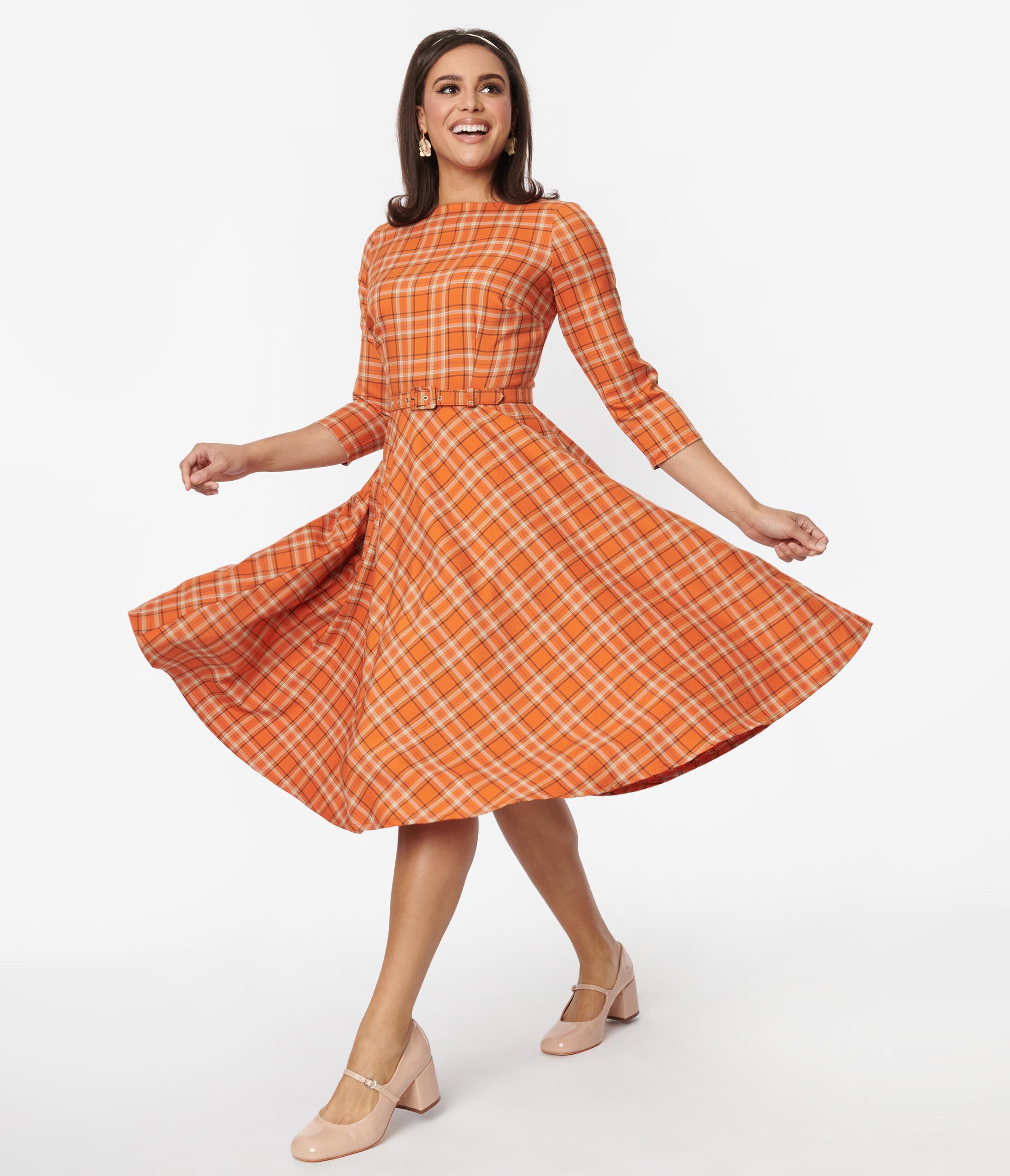 Unique Vintage Orange Plaid Devon Swing Dress, Orange / Orange, hi-res image number 0