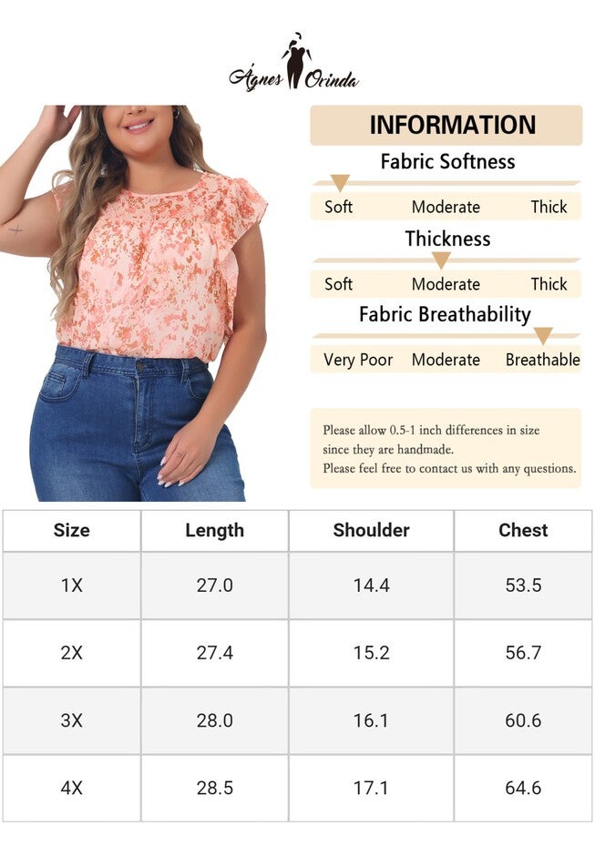 Ruffle Sleeve Keyhole Back Chiffon Blouse Top, Light Orange / Coral, alternate image number 4