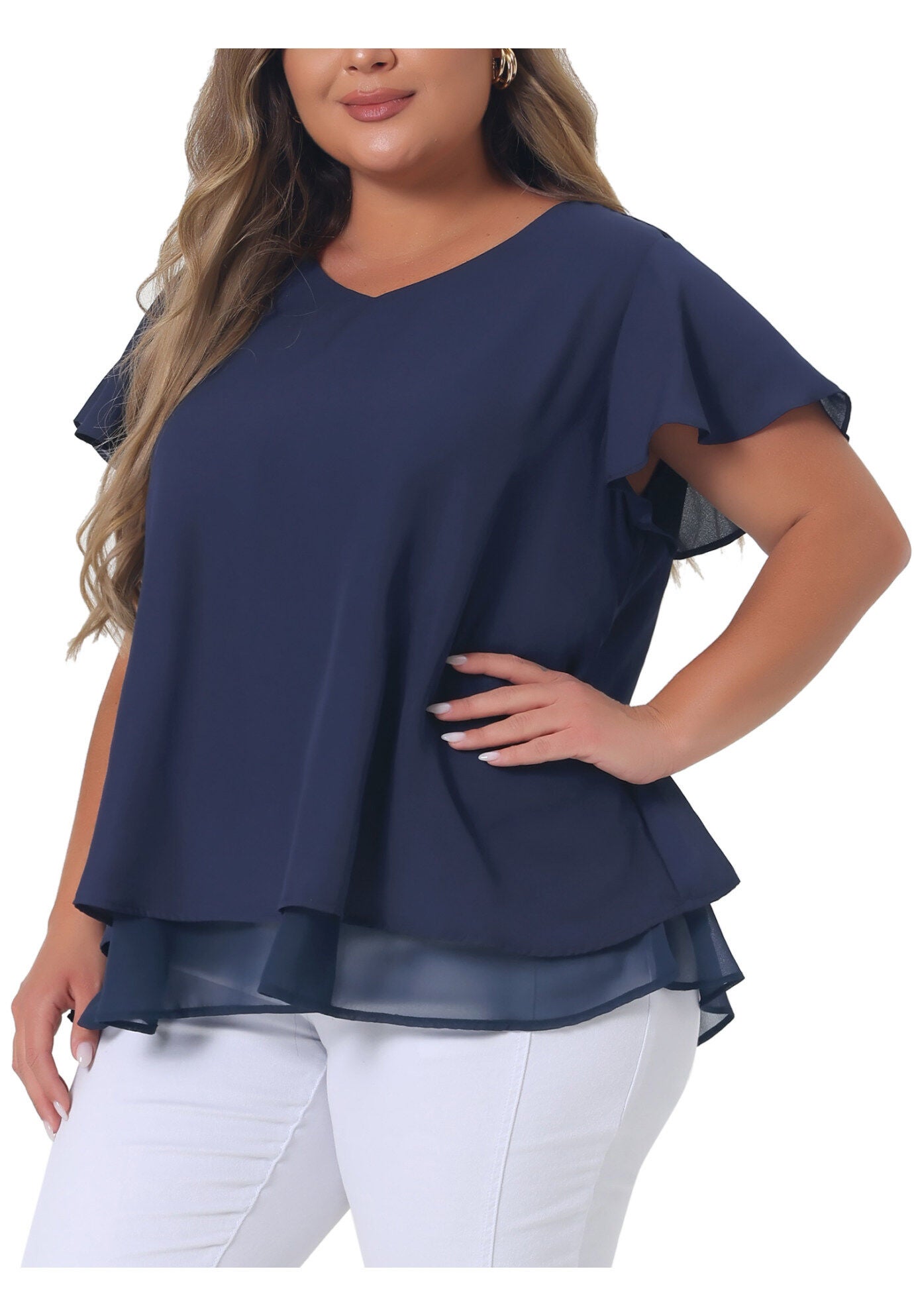 Summer Top Ruffle Short Sleeve V Neck Double Layered Hem Chiffon Blouse, Navy Blue / Navy, alternate image number 1