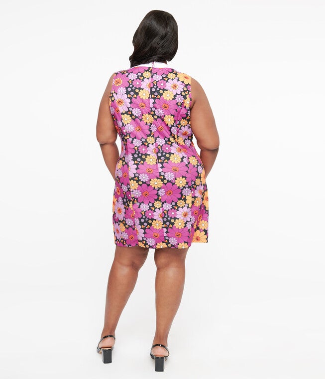 1960s Purple & Orange Pumpkin Floral Mod Shift Dress, Purple  Orange Pumpkin Floral / Purple, alternate image number 1