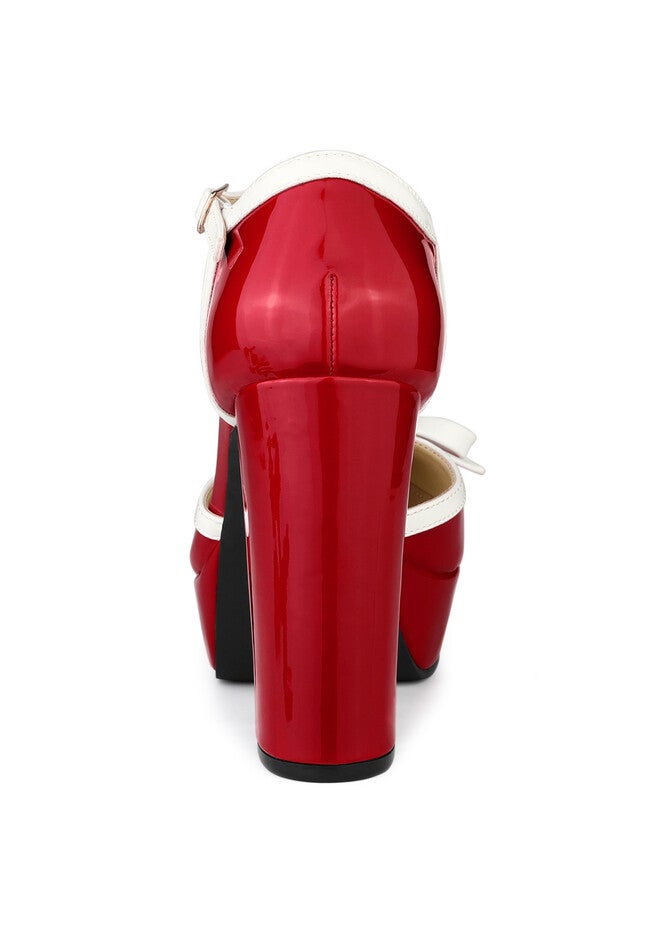 Platform Bow T Strap Chunky Heels Pumps, Red / Red, alternate image number 3