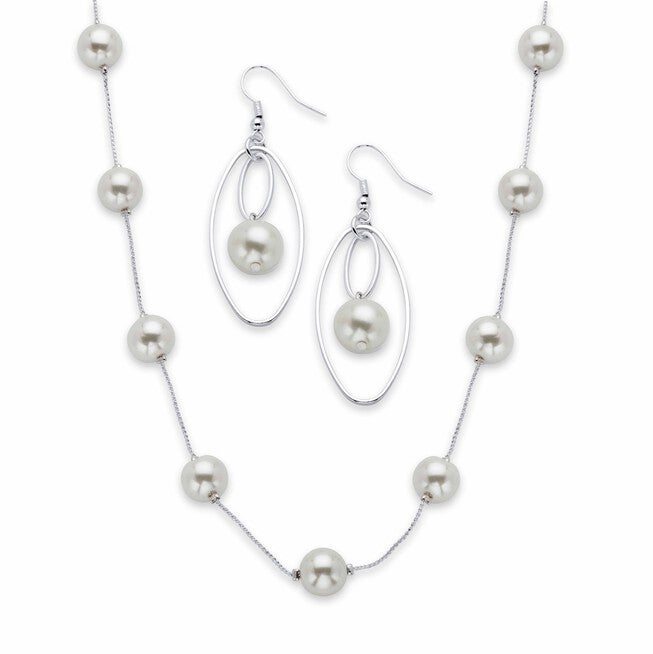 Simulated Pearl Silvertone 2-Piece Station Necklace and Drop Earring Set 18 inches-21 inches, White / White, hi-res image number 0