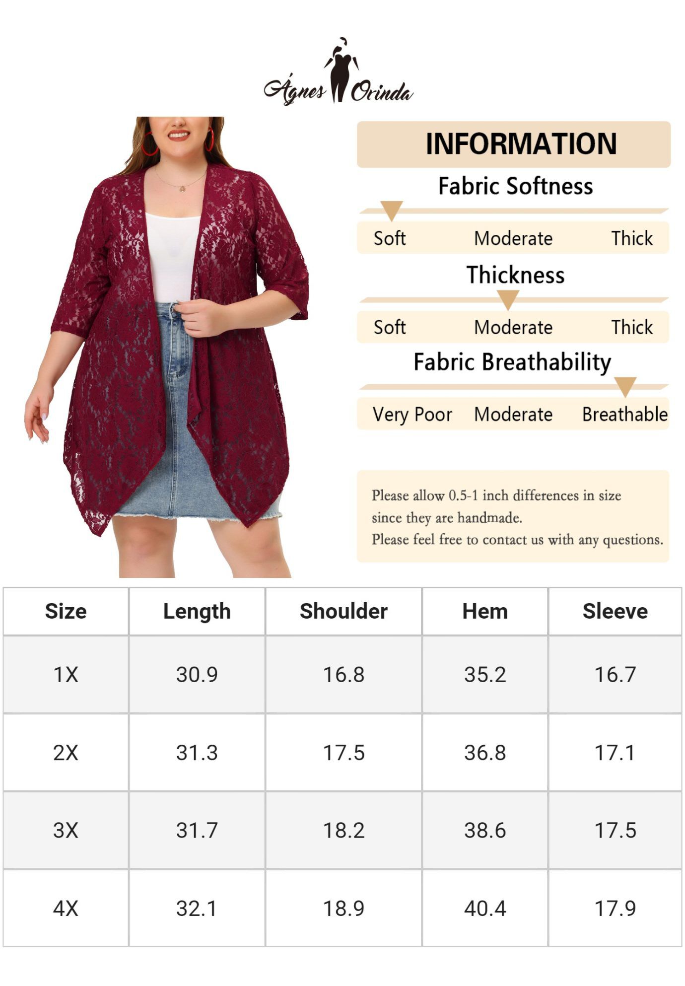 OPEN FRONT 3/4 SLEEVES CROCHET CARDIGAN COVER UP, Burgundy / Red, alternate image number 4