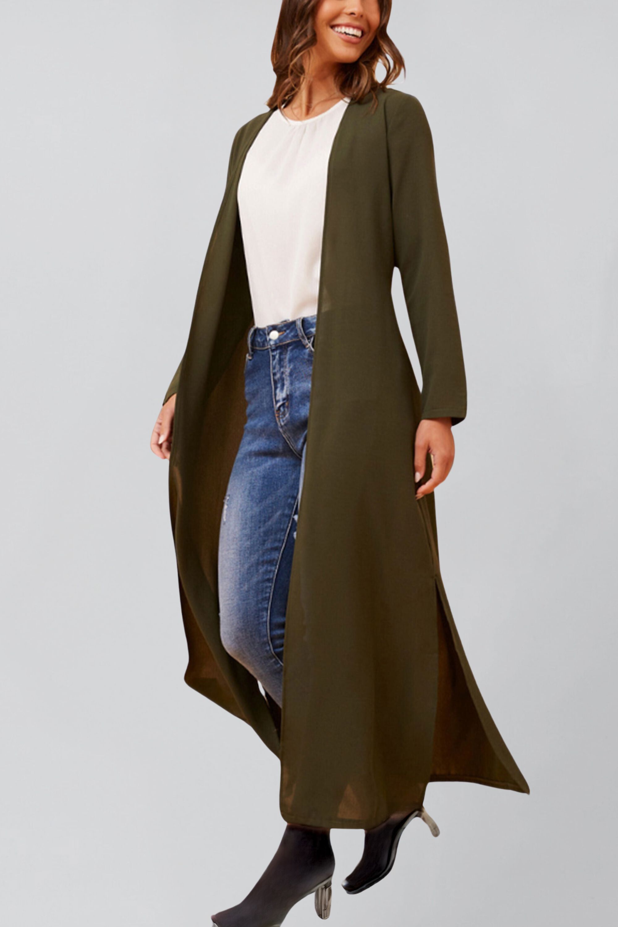 Fanny Long Woven Cover-Up Maxi Cardigan Open Tie Front, Green / Forest Green, alternate image number 1