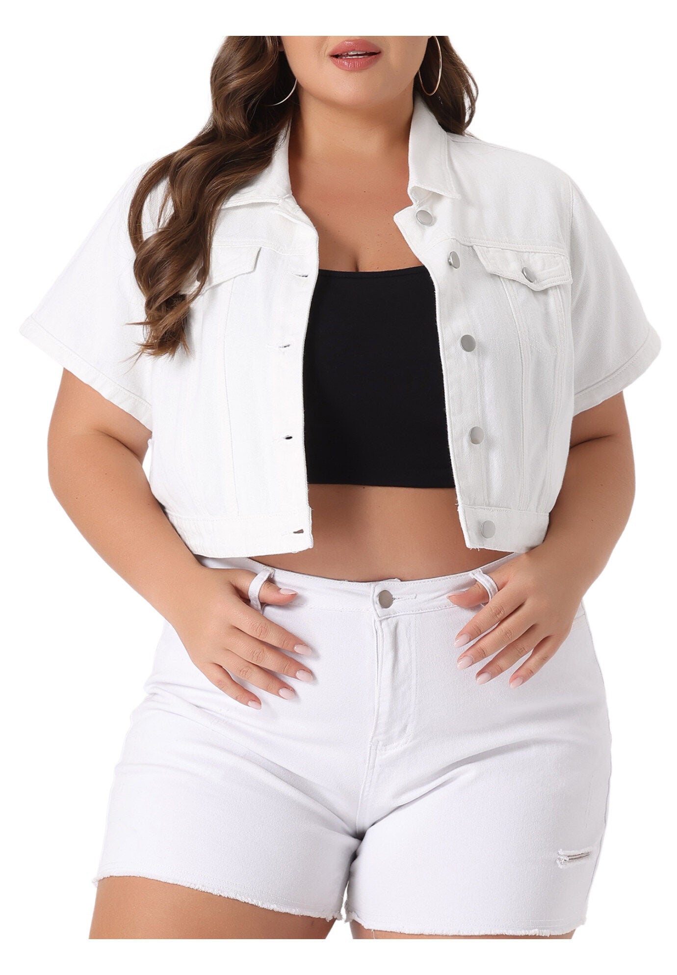 SHORT SLEEVE BUTTON DOWN CROPPED DENIM JACKET, White / White, alternate image number 1