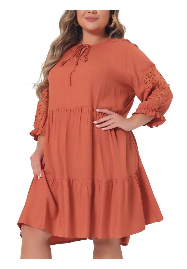 TIE NECK LACE SLEEVE RUFFLE MIDI FLOWY DRESS, Orange / Burnt Orange, alternate image number 1