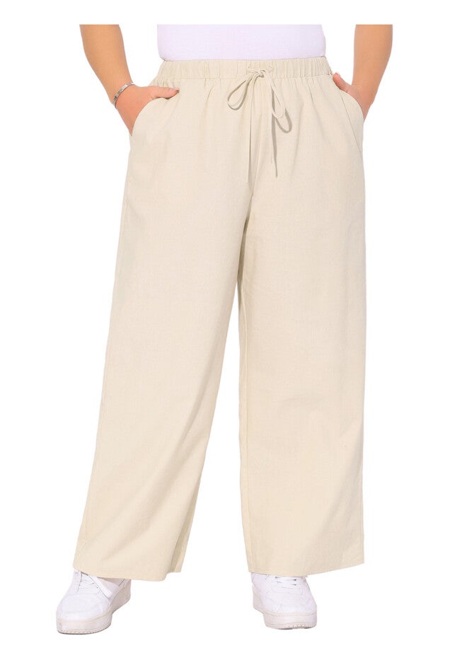 Cotton Linen Summer Palazzo Pants Drawstring Relaxed Fit Wide Leg Trousers with Pockets, Apricot / Cream, alternate image number 1