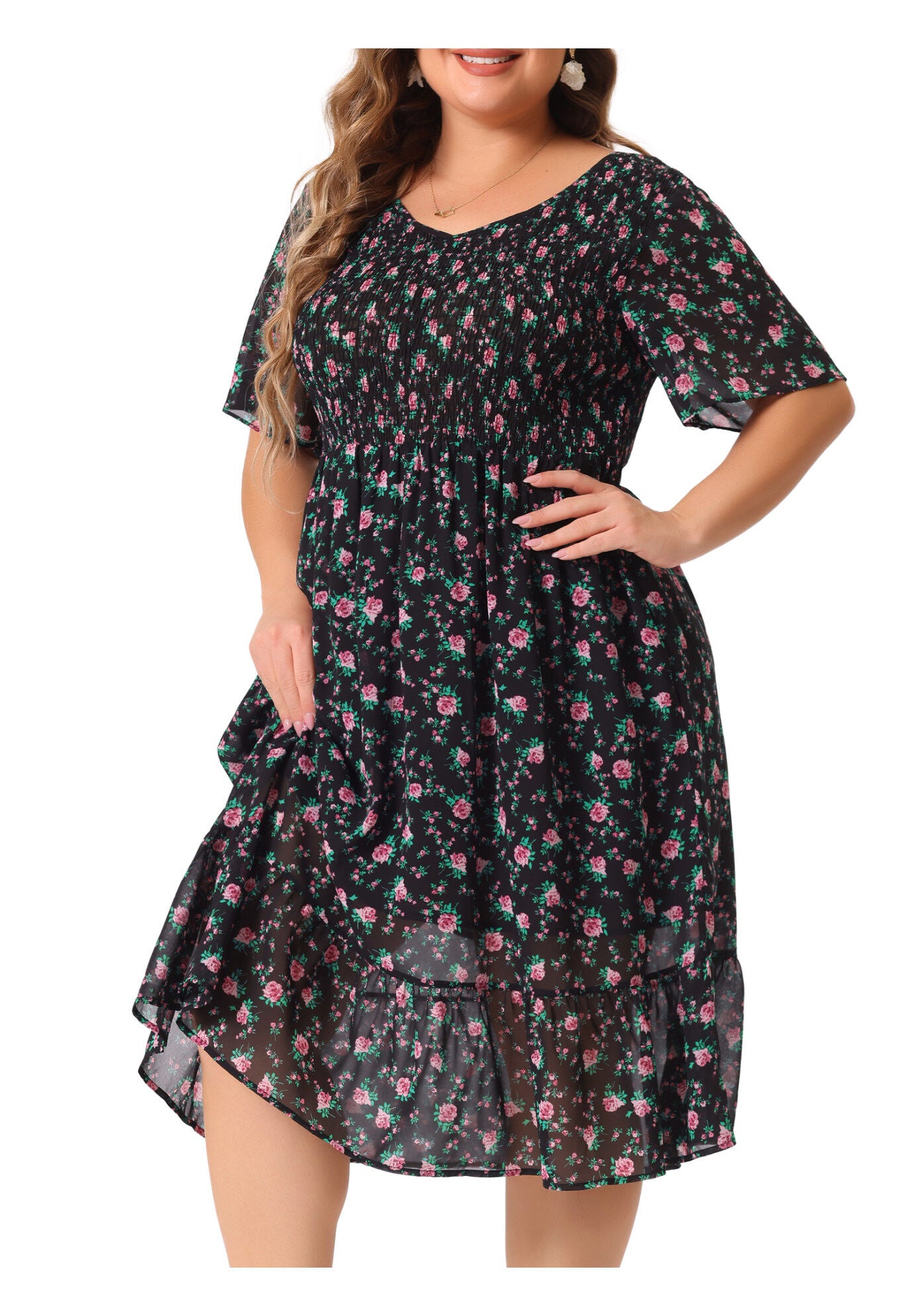 Flare Smock Ruffle Chiffon Floral Midi Dress, Black Pink / Black, alternate image number 1