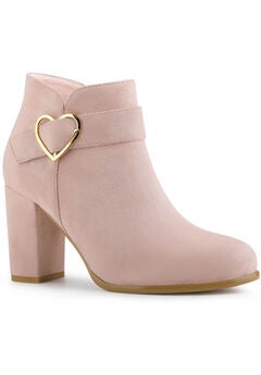 Heart Buckle Side Zip Chunky Heels Ankle Boots