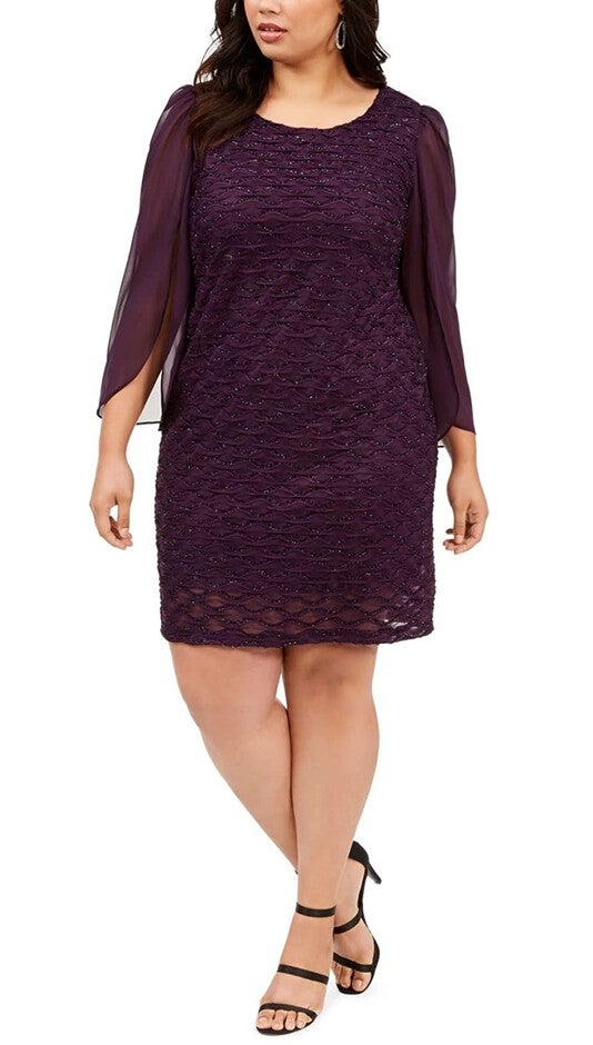 Connected Women's Plus Size Jacquard Tulip-Sleeve Dress Purple Size 24W, Purple / Purple, hi-res image number 0