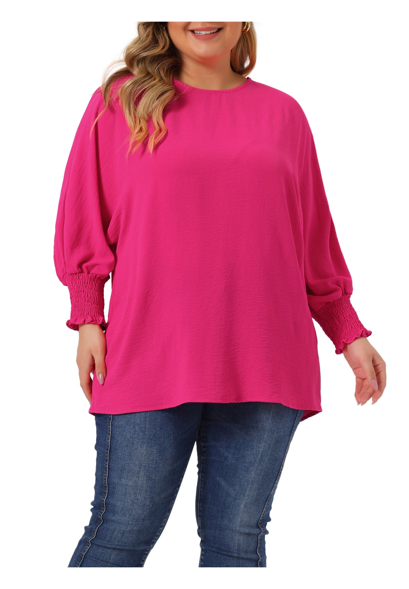 Chiffon Top Batwing Ruffle Long Sleeve Loose T-Shirt Blouse, Hot Pink / Deep Fuchsia, alternate image number 1