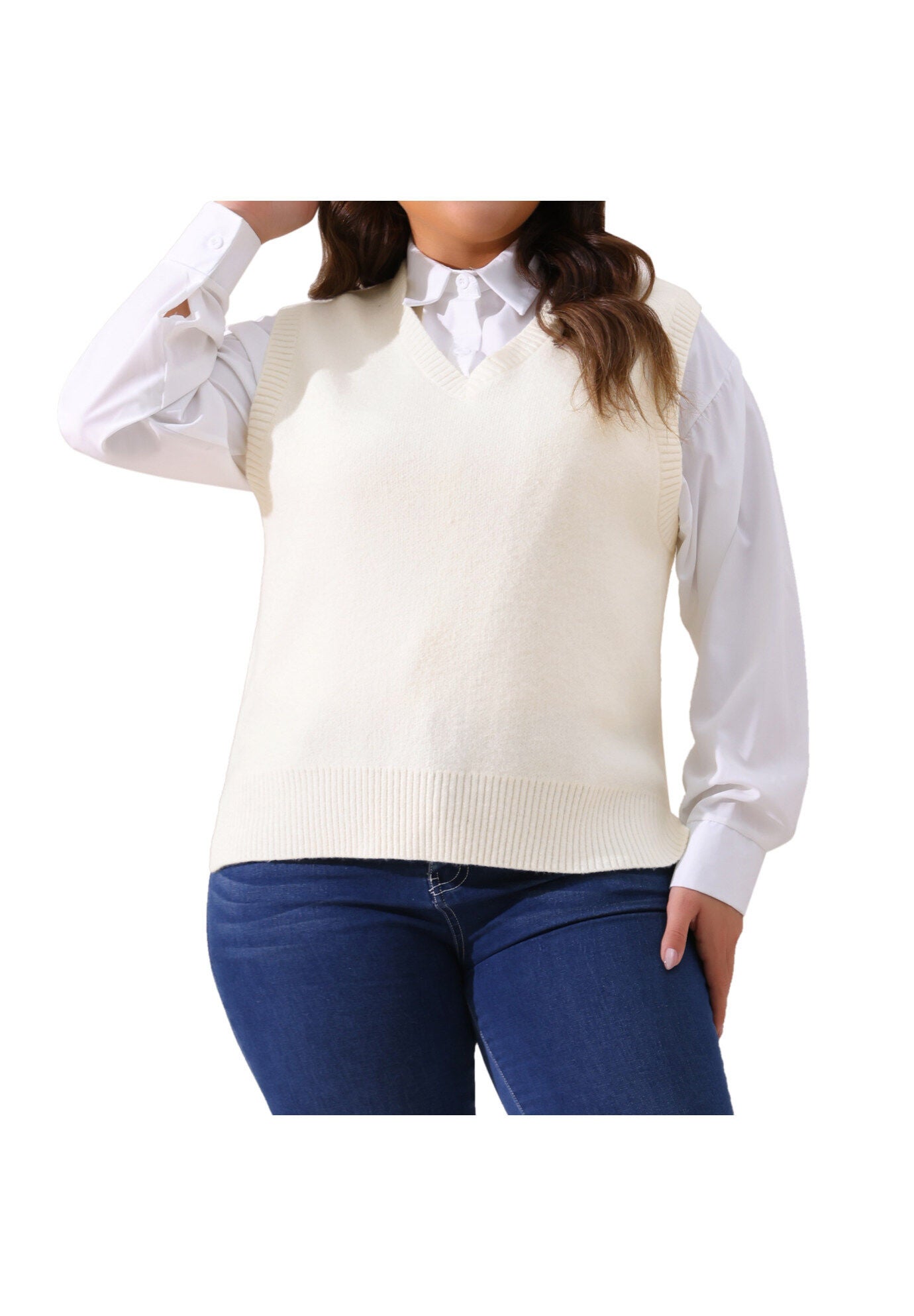 V Neck Knit Vest Sleeveless Pullover Sweater Top, White / White, alternate image number 1