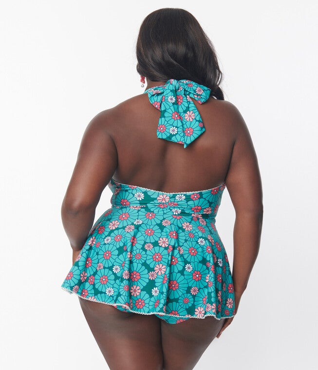 Unique Vintage Teal Flower Child Skirted Wendy Swimsuit, Teal Flower Child / Teal, alternate image number 1