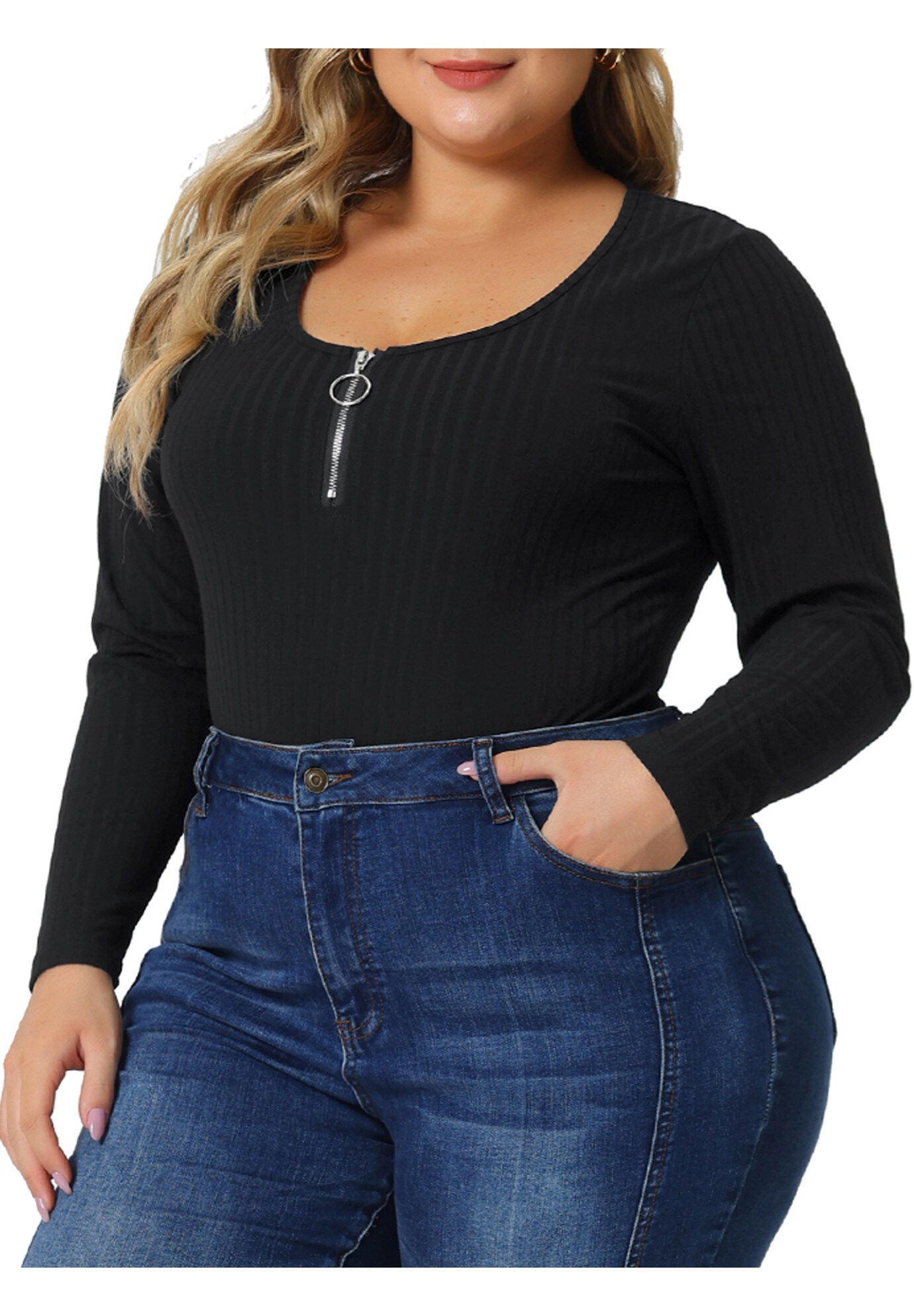 Ribbed Knit Zipper Deep V Neck Long Sleeve Top Bodysuit, Black / Black, alternate image number 2