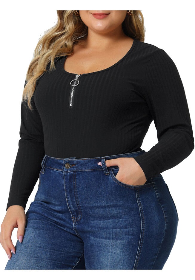 Ribbed Knit Zipper Deep V Neck Long Sleeve Top Bodysuit, Black / Black, alternate image number 2