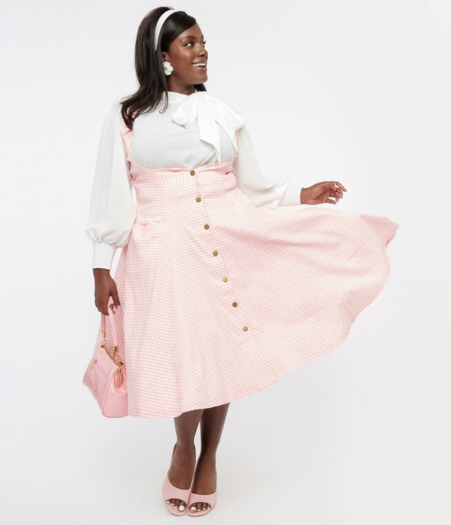 Unique Vintage Pink & White Gingham Button Suspender Swing Skirt, Pink Gingham / Pink, hi-res image number 0
