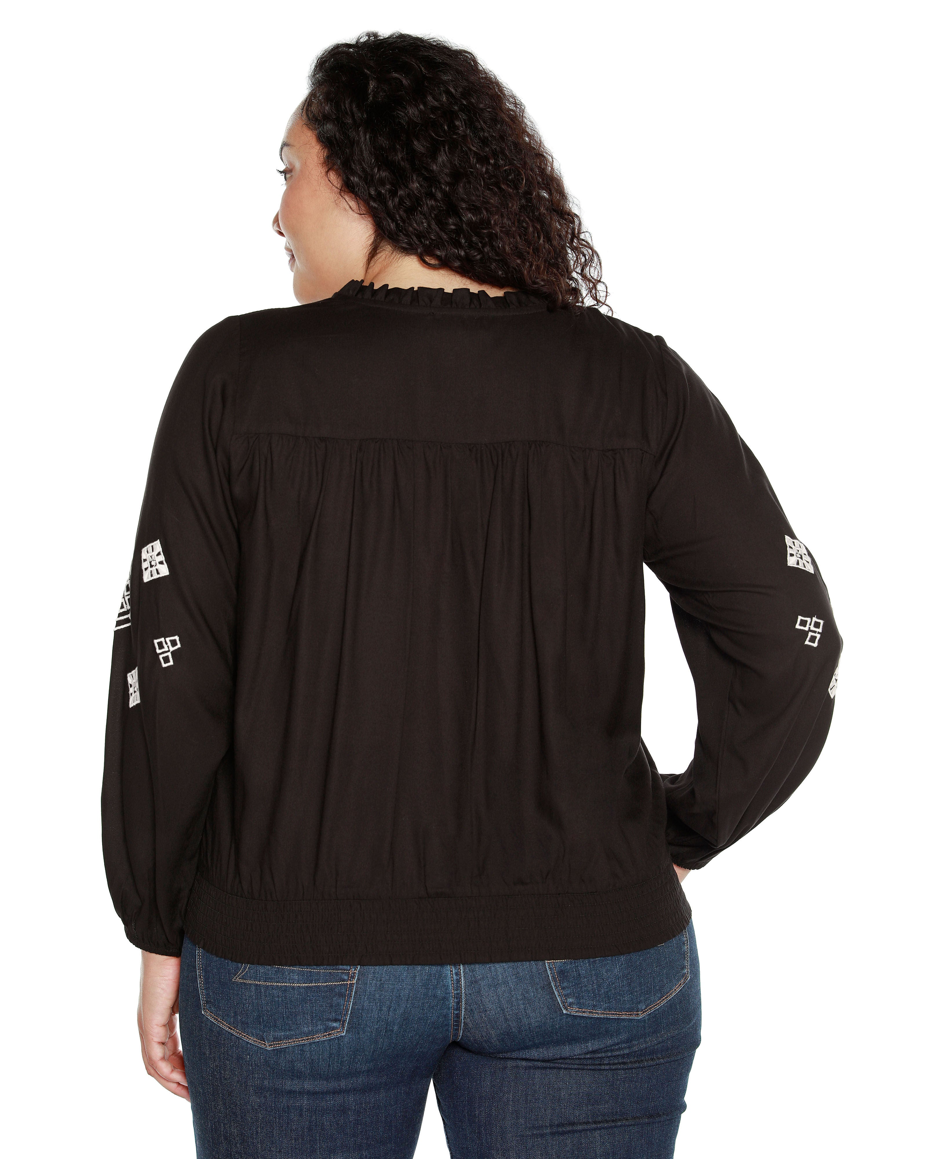 EMBROIDERED BLOUSON SLEEVE V-NECK BLOUSE, Black / Black, alternate image number 1