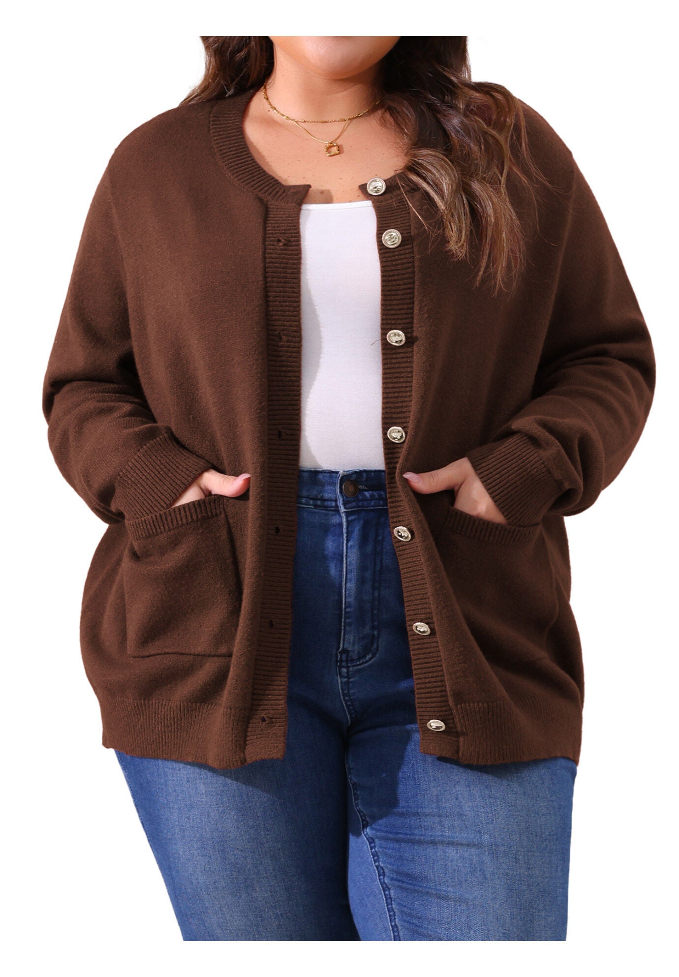 Button Down Crew Neck Sweater Knit Cardigan, Dark Brown / Brown, alternate image number 2