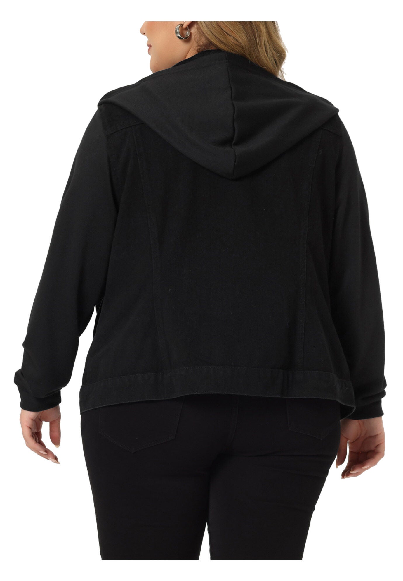 LAYERED DRAWSTRING HOODIE DENIM JEAN JACKET, Dark Black / Black, alternate image number 3