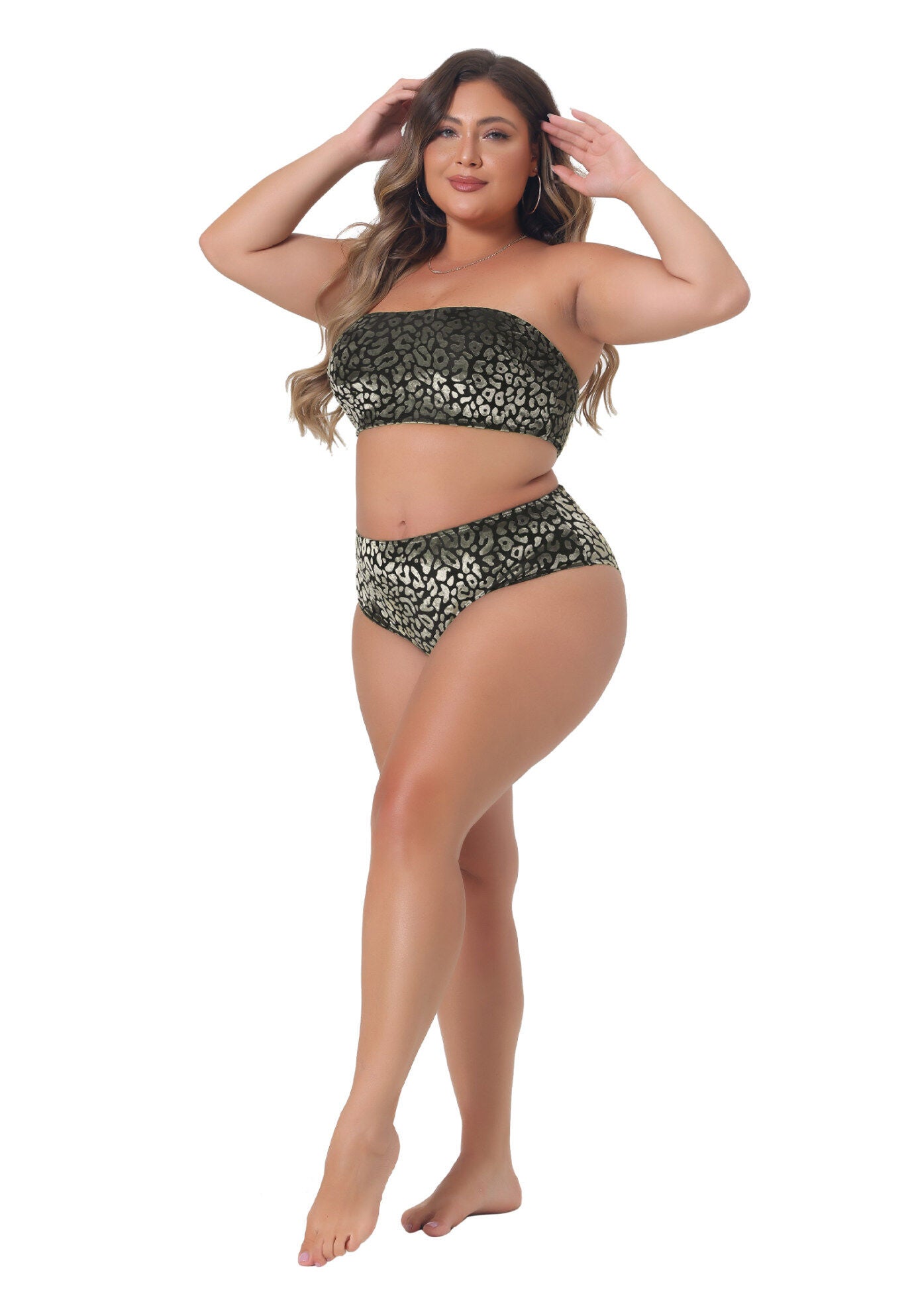 2 Piece Bandeau Bikini Velvet Leopard High Waisted Swimsuit, Green / Forest Green, hi-res image number 0