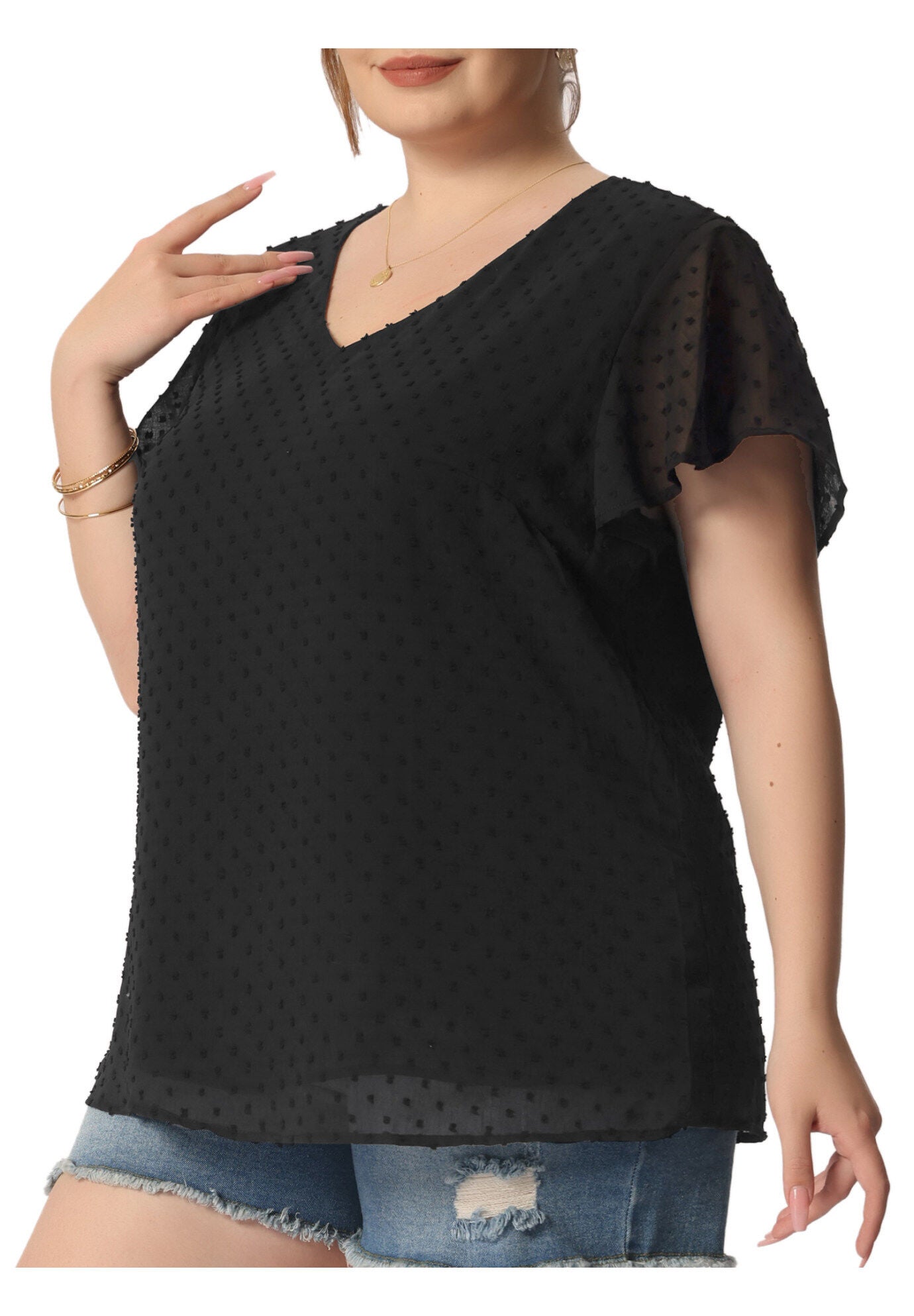 Swiss Dots Blouse V Neck Summer Short Sleeve Casual Top, Black / Black, alternate image number 2