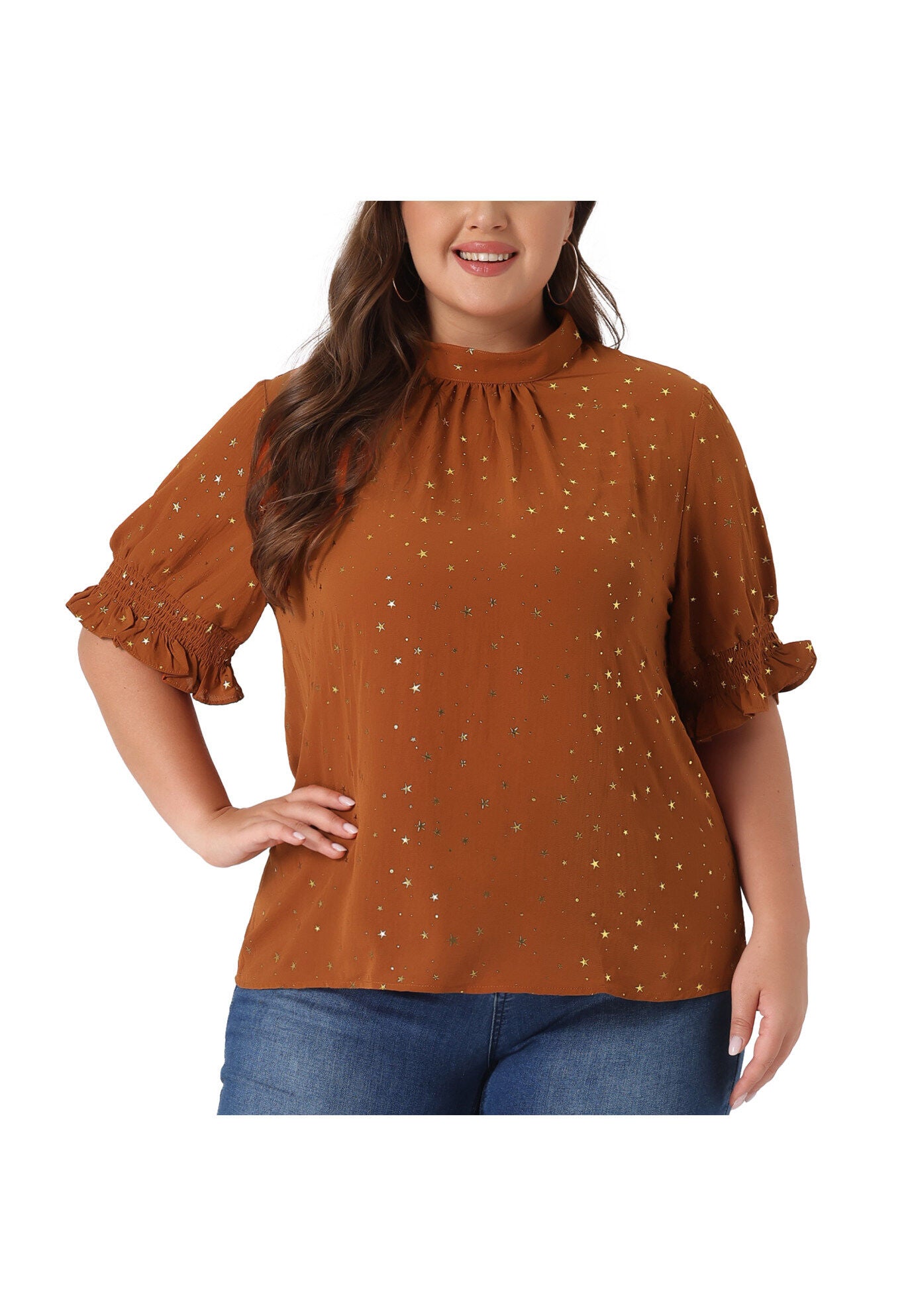 Pleated Mock Neck Star Print Puff Sleeve Blouse Top, Caramel / Brown, alternate image number 2