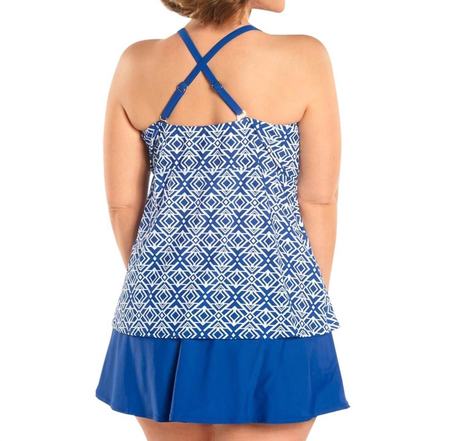 AEGEAN TANKINI TOP WITH MATCHING SWIM SKIRT, Blue And White / Azure Blue, alternate image number 1