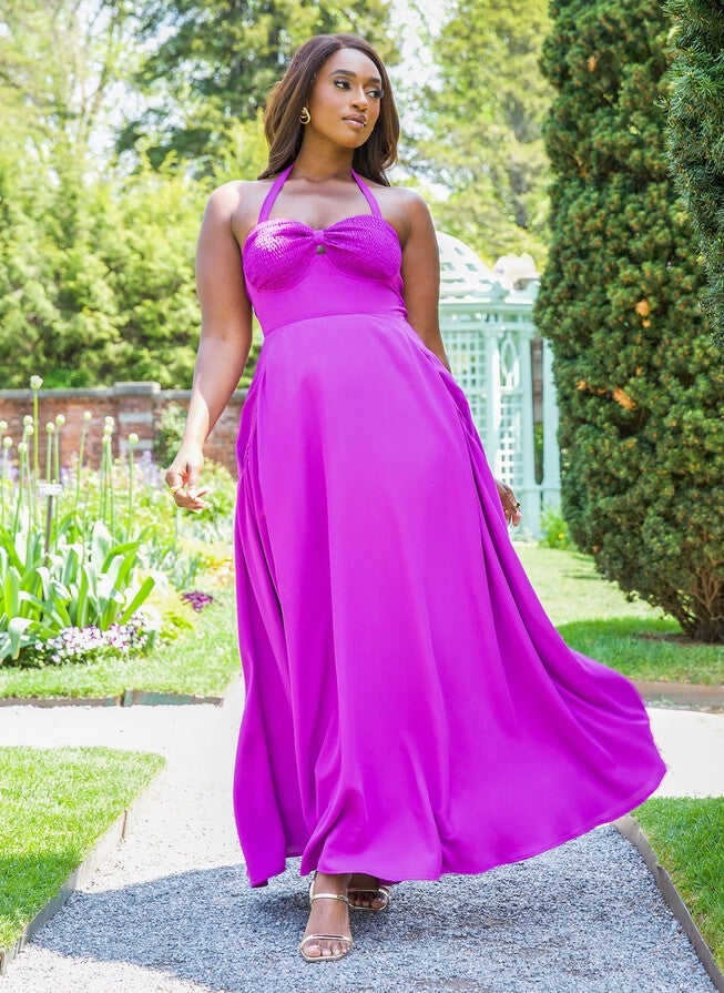 JILLIAN SMOCKED HALTER MAXI A LINE DRESS, Purple / Purple, hi-res image number 0
