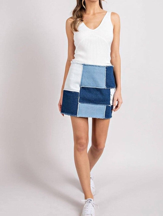 RETRO PATCHWORK COLOR BLOCK MINI SKIRT IN MINERAL WASHED DENIM, Mineral Washed Denim / Light Wash, alternate image number null