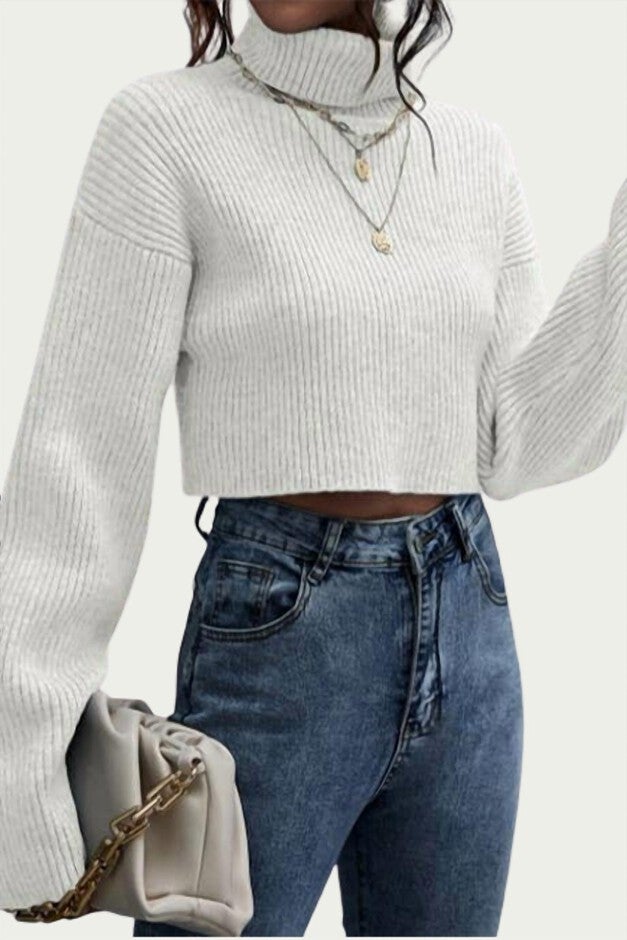 RIBBED-KNIT CROPPED TURTLENECK SWEATER IN IVORY, Ivory / White, hi-res image number 0