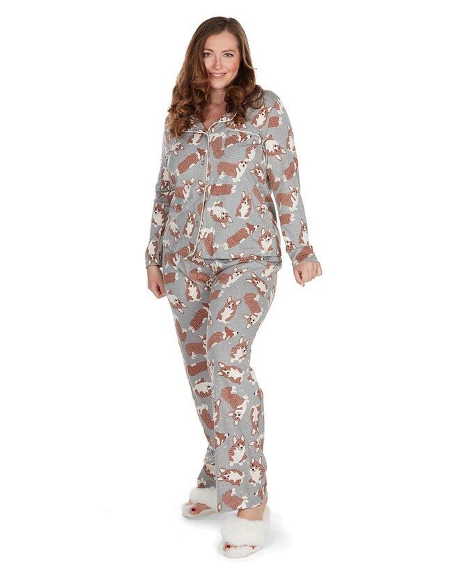 Women's Corgi Dog Print Cotton Blend Matching Pajama Set, Gray Heather / Warm Grey, hi-res image number 0