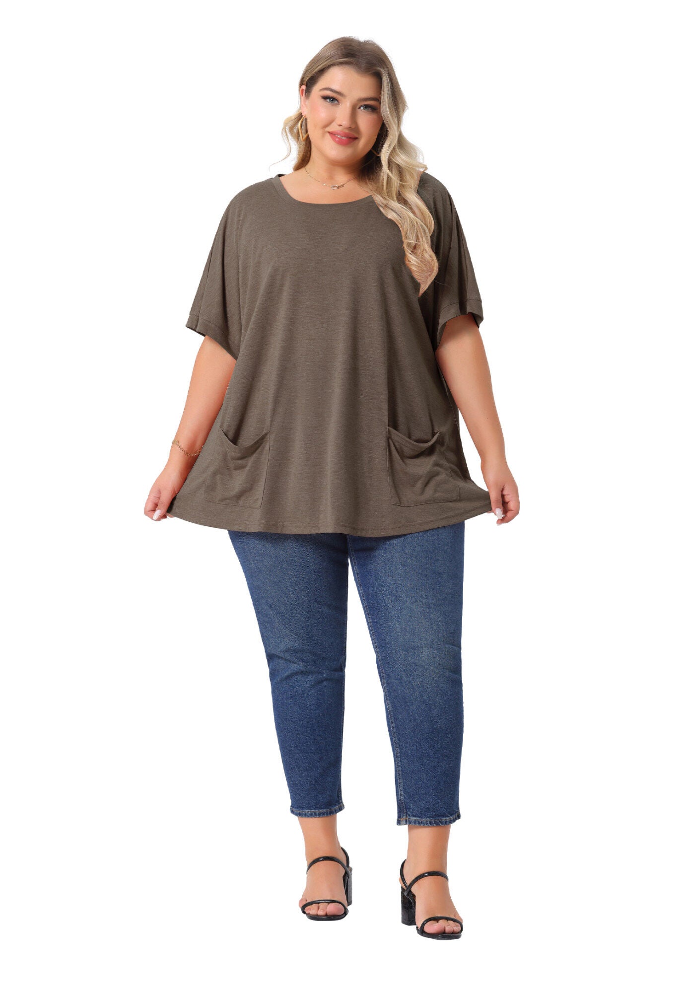 Short Sleeve Top Loose Fit Summer T-Shirt with Pocket, Coffee / Brown, hi-res image number 0