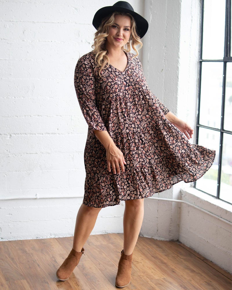 Issy Tiered Tunic Dress, BLACK FLORAL PRINT / Black, hi-res image number 0