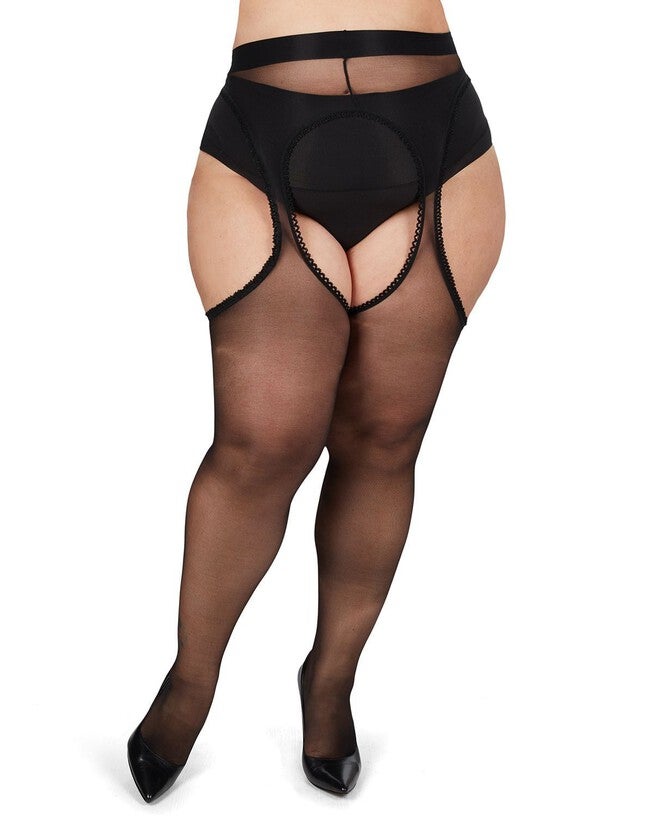 Plus Size Curvy Suspender Lace Trim Pantyhose, , alternate image number 3